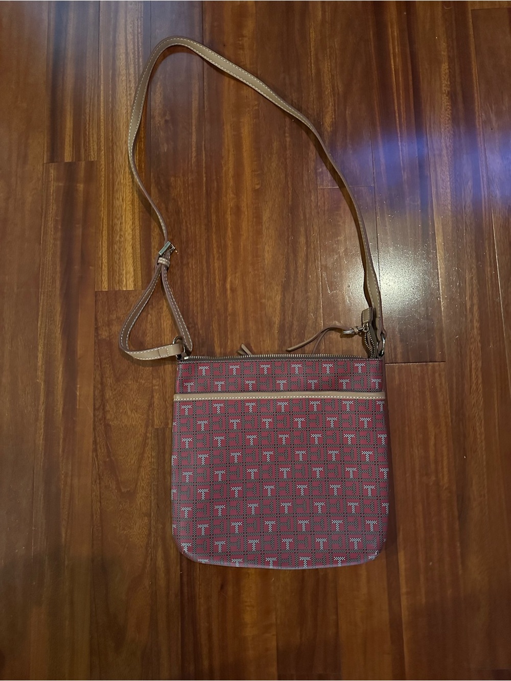 Tommy Hilfiger Red Monogram Crossbody with Brown Trim